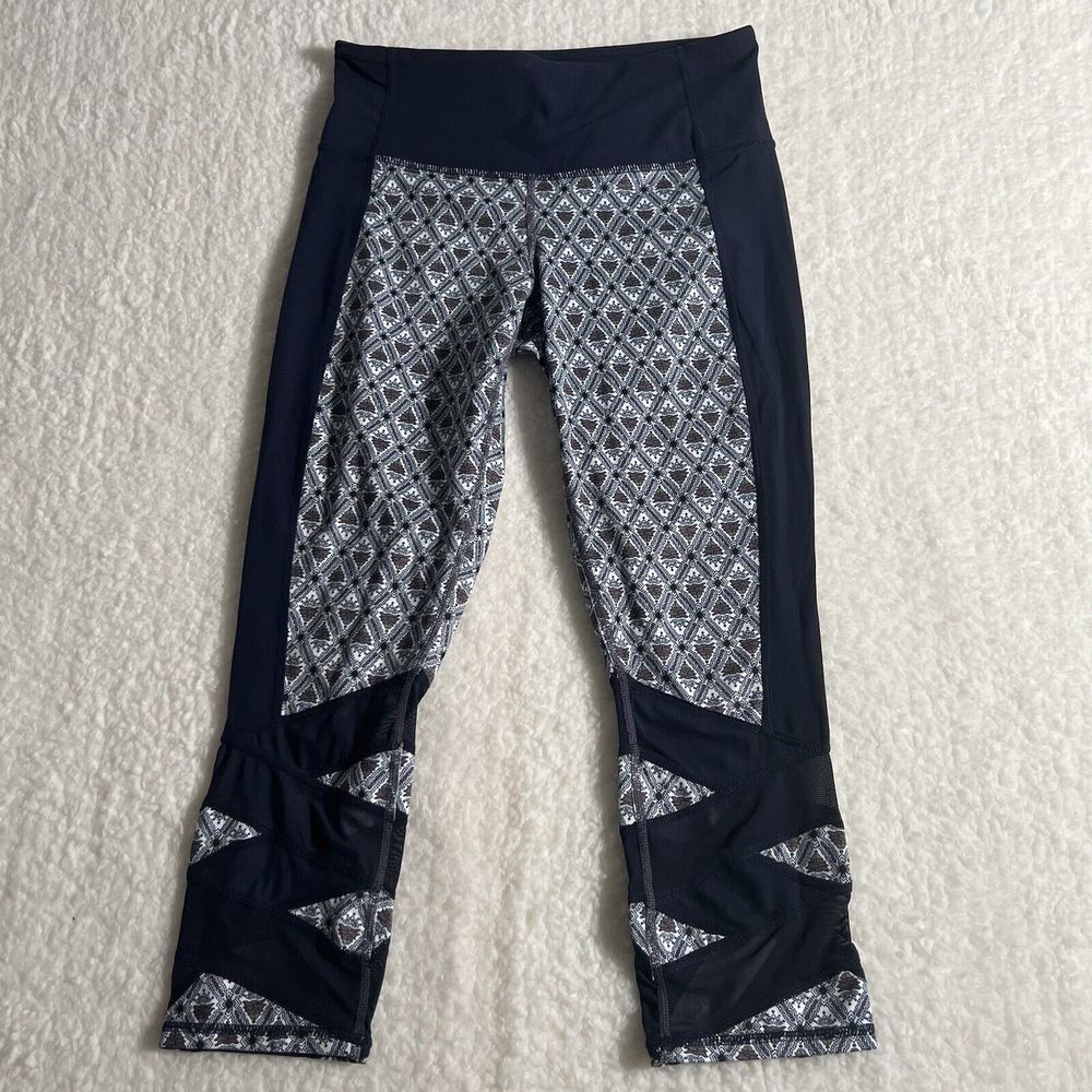 ATHLETA Mantra mosaic mesh criss cross ballet‎ athletic capris leggings pants S